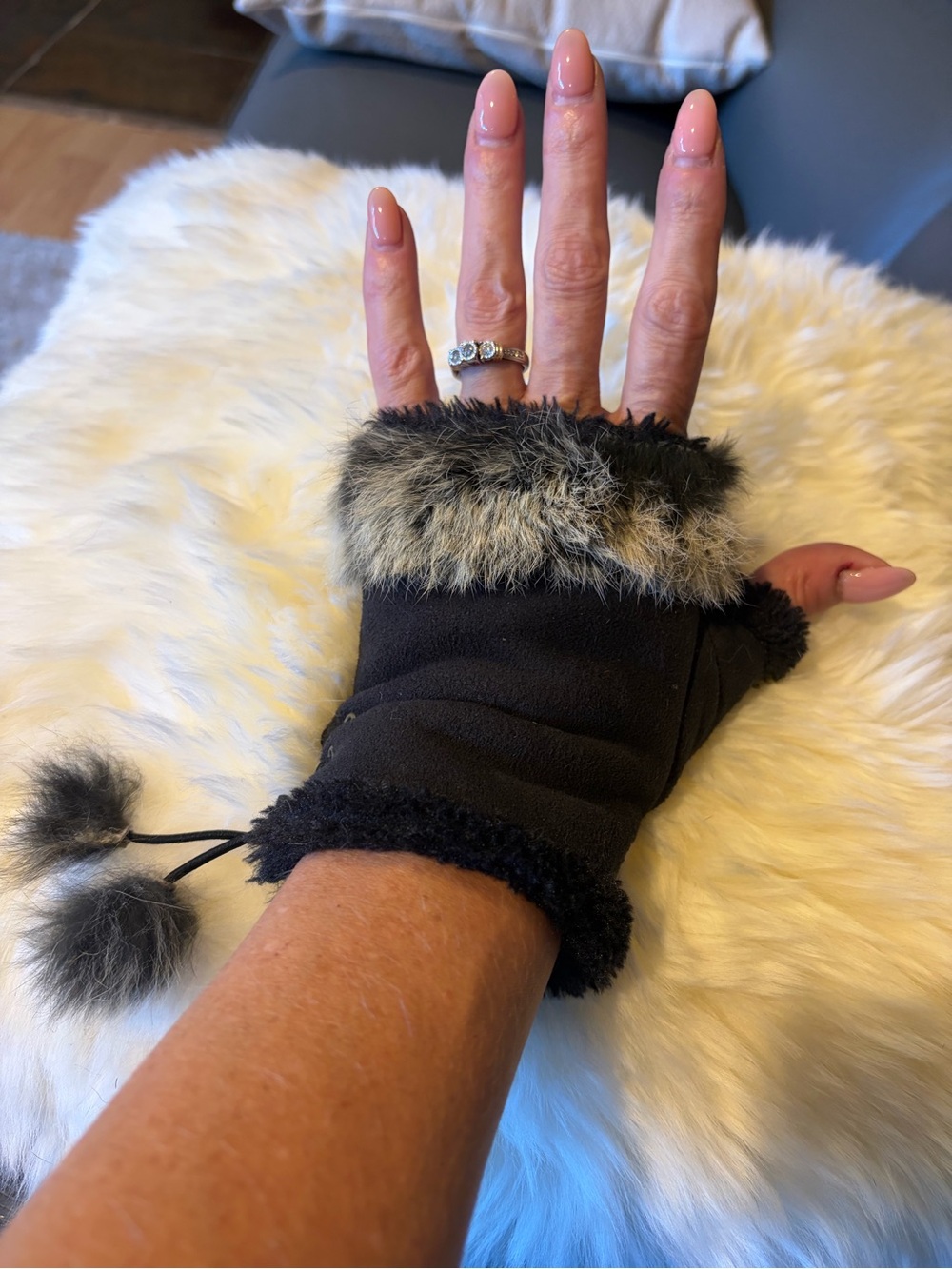 Black Faux Suede with Fur Trim Fingerless Gloves
